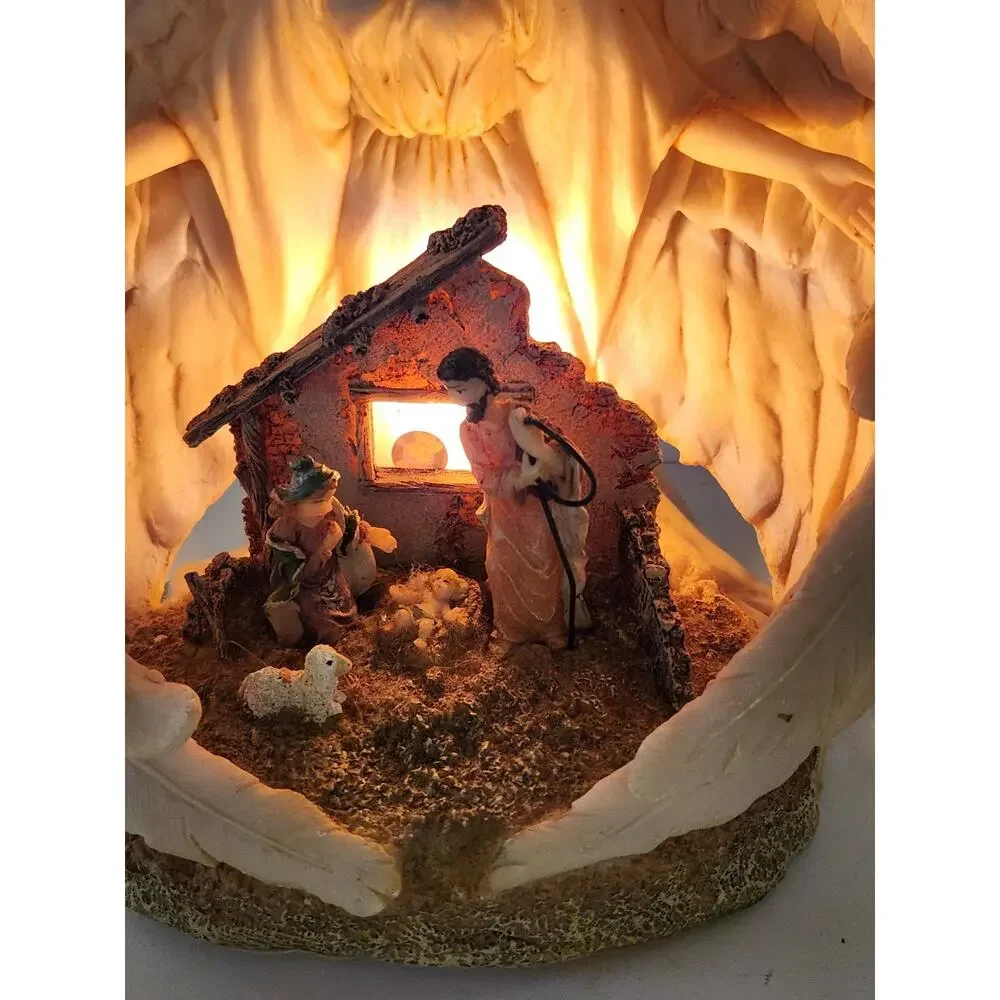 Lighted Angel Watching Over Holy Family Nativity Scene Christmas Figurine Vtg